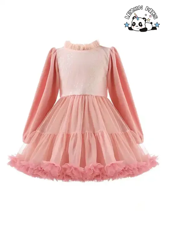 LEZONKIDS - Elegant Washable Pink Dress Long Sleeve Tulle Dress for Girls